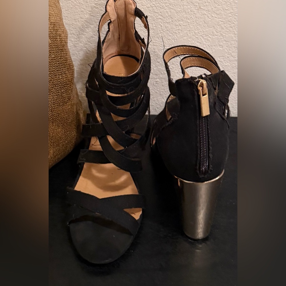 BAMBOO Black Strappy Heels with Silver Block Heel